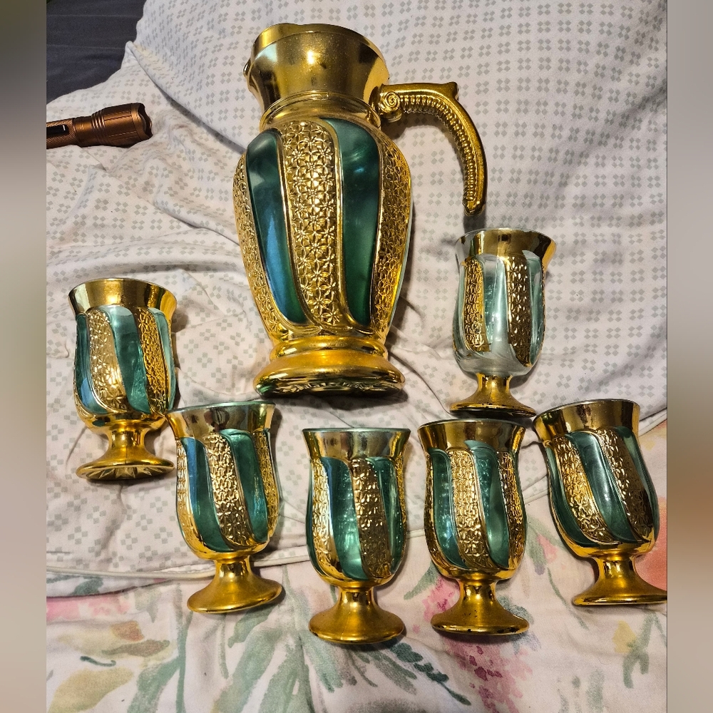 Italian Mid-Century Teal and Gold Encrusted Pitcher & 6 Goblets Set